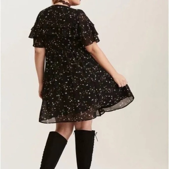Torrid Black Floral Birds Print Chiffon Ruffled Wrap Versatile  Dress 2/2X/18-20 - Picture 8 of 16